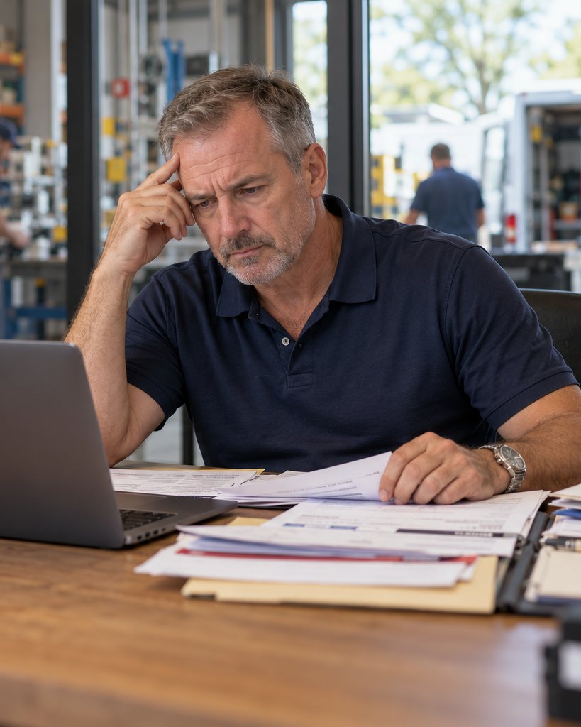 A tradesman at his workshop desk with his hand on his head, surrounded by paperwork