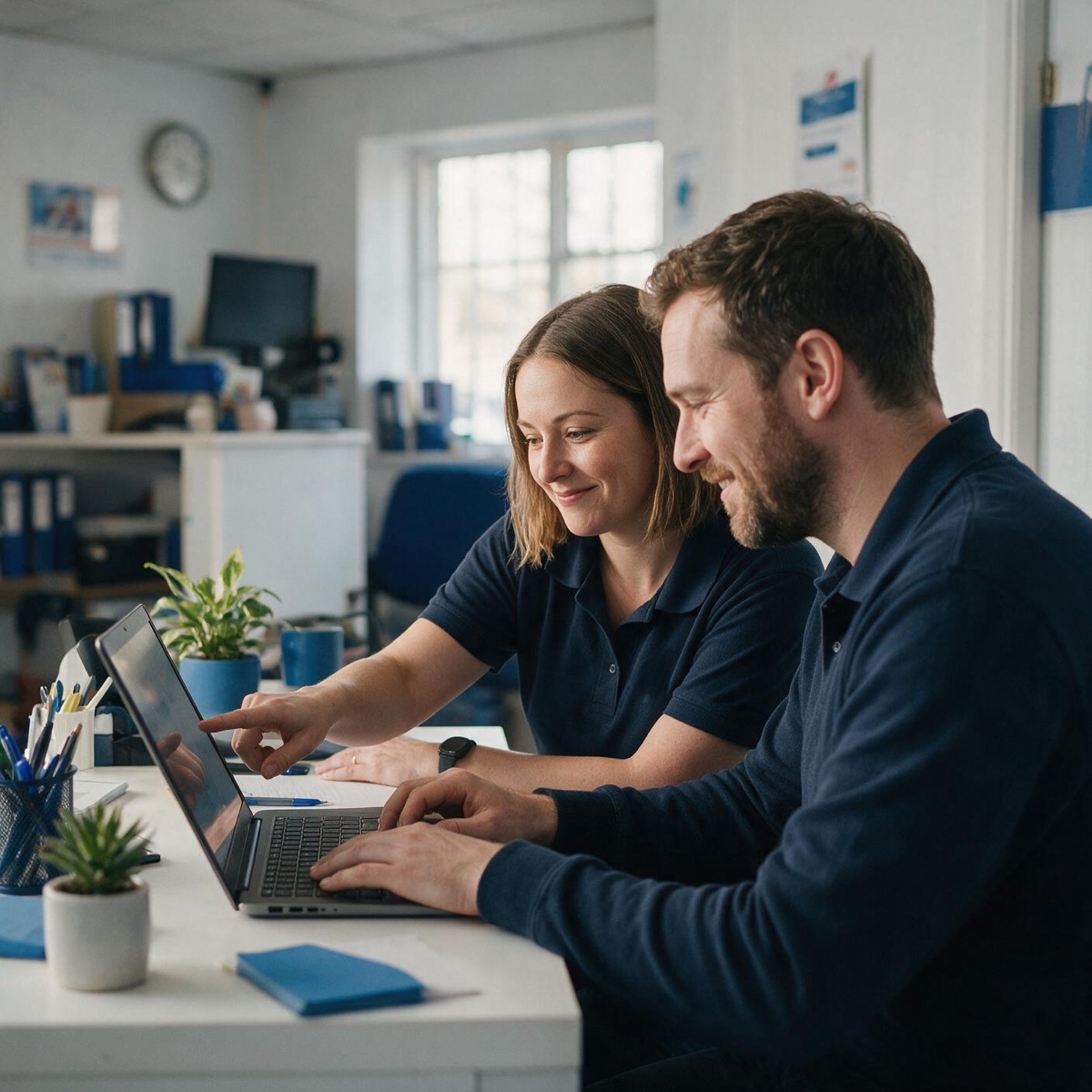 Two staff members smiling at a laptop together in a small office